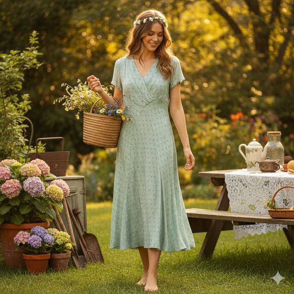 VTG April Cornell Green Floral Midi Dress Flutter Sleeve M Cottagecore Prairie - Picture 2 of 12